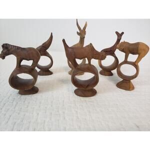 (9) Vintage Napkin Rings Hand Carved Wild Animals African Safari Wooden Set 6